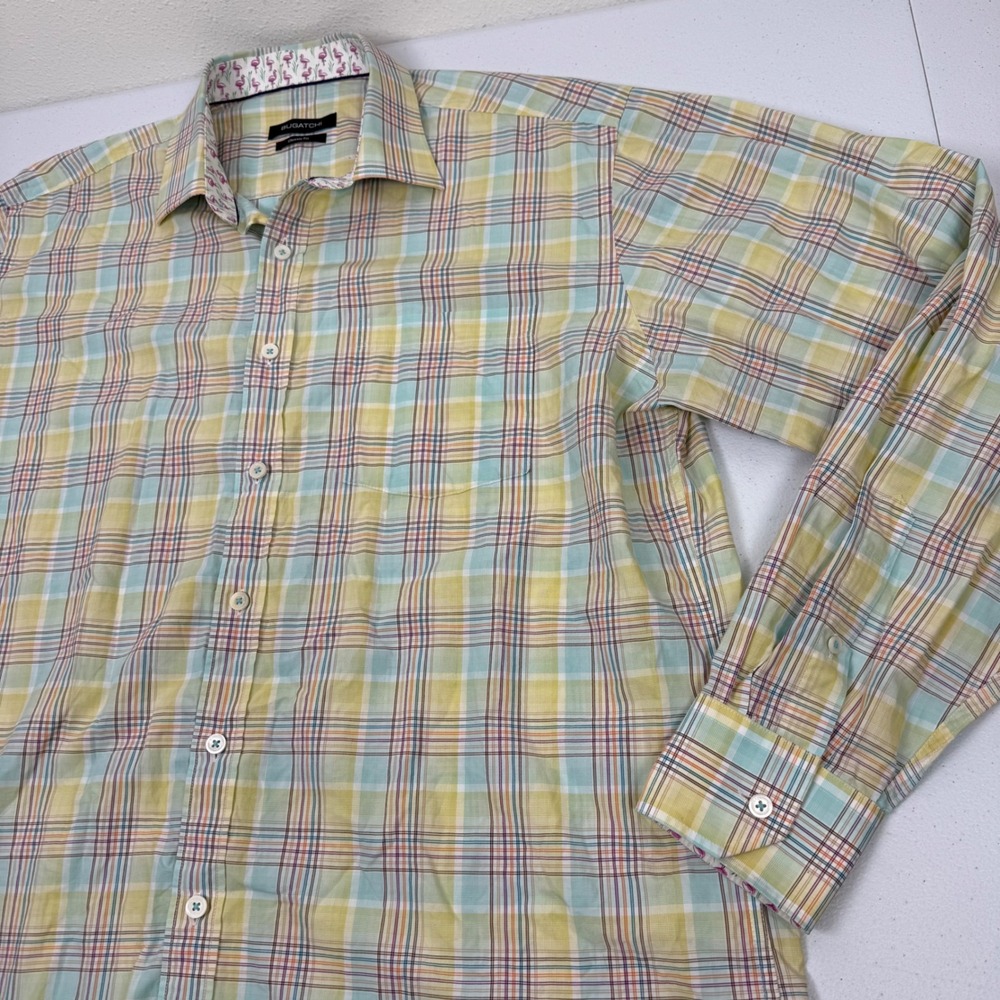 Bugatchi Mens Classic Fit Plaid Button Down Shirt Yellow Green Flamingo Large - Picture 7 of 9